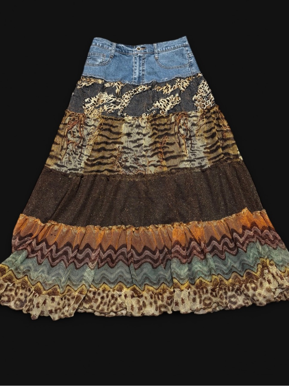 Rare Milana Patchwork Animal Print Boho Maxi Skirt | Denim Waist | Size 4 - Picture 5 of 11